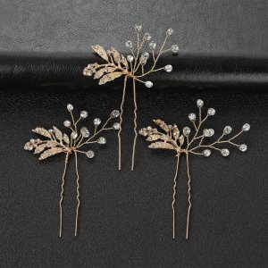 3 Piece Alloy Leaf Design Hair pin With Rhinestones
